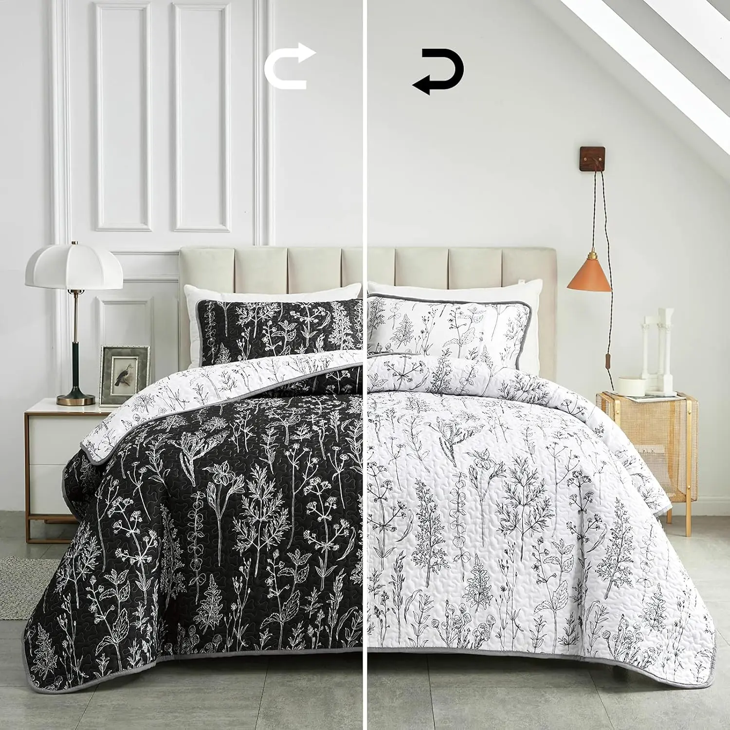 2 count Quilt Set , Black n White Rversible Botanical Design, Smooth Soft Microfiber Quilt, Bedspread Bed Cover for All Season, 1 Quilt and 1 Pillow Sham- 68x86 inches
