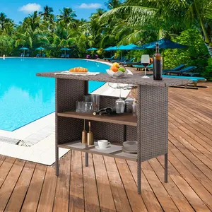 All-Weather Wicker & Metal Outdoor Bar Table, 2-Tier Shelf & Storage Cabinet for Poolside, Backyard, Deck, Multi-Functional Patio Console Table, Brown