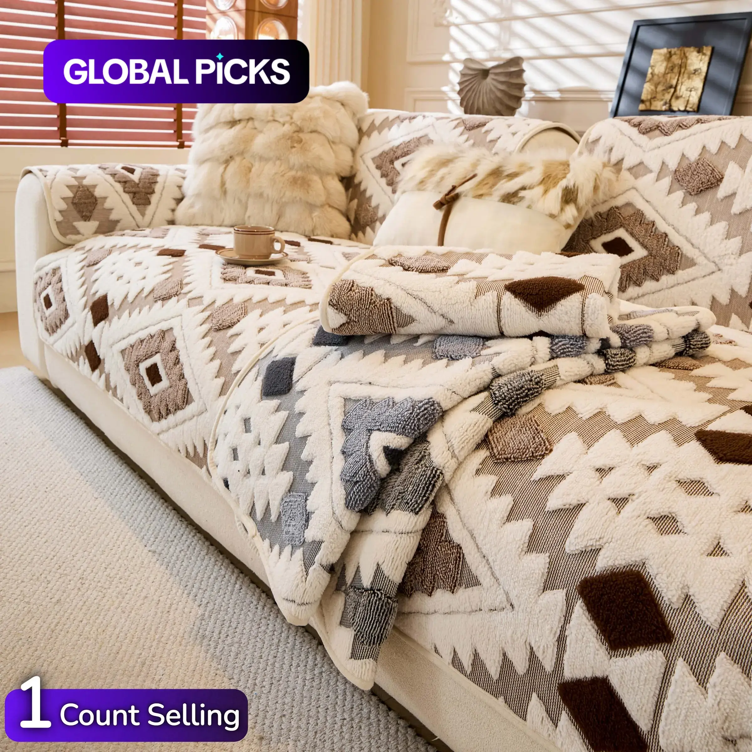 Boho Style Geometric Pattern Quilted Sofa Cover, Soft Comfortable Dustproof Slipcover, Sofa Protector & Cushion Cover for Home Living Room, Bedroom, Hotel & Dormitory #GLOBAL PICKS