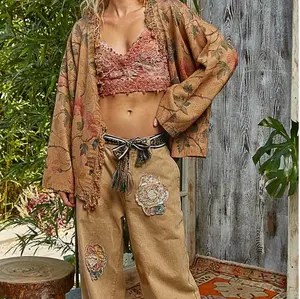 POL Autumn Whisper Fringe Cardigan - Mocha & Charcoal Leafy Pattern with Rustic Fringe Trim for Fall Vibes