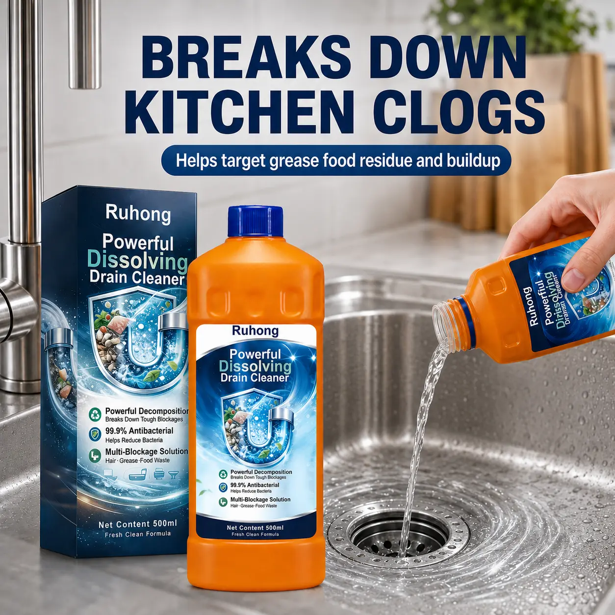 Powerful Drain Cleaner Liquid Pipe Unclogger and Drain Opener for Clogged Kitchen Sink Bathroom Toilet Hair Grease and Pipe Blockages