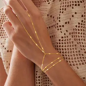 14K Gold Plated Dainty Finger Bracelet for Women, Minimalist Marquise CZ Hand Chain, Adjustable Hand Harness Jewelry, Clean Girl Aesthetic Gift