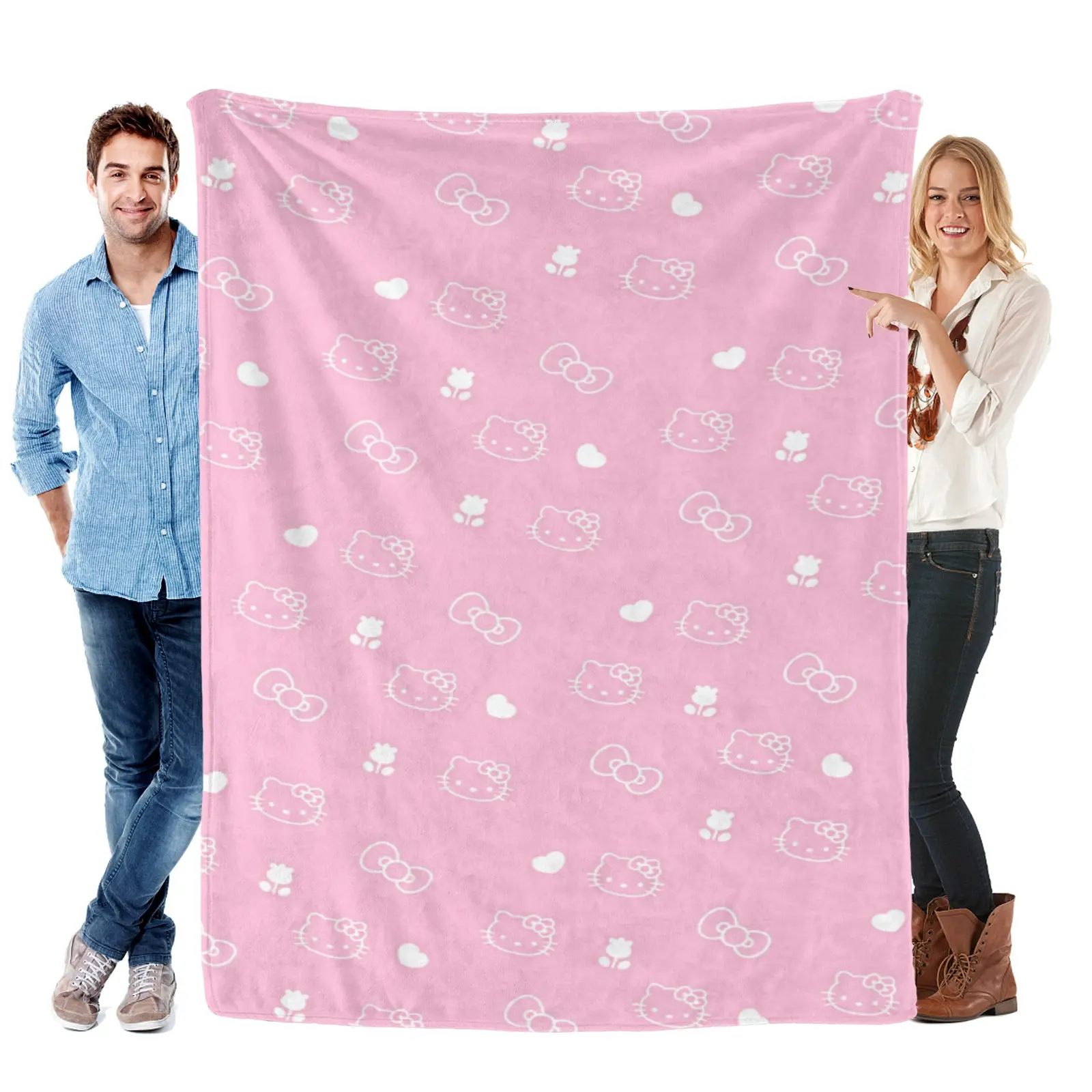 [Summervibes] Pink Subtle Pattern Hello Kitty Blanket, Plush Flannel, Minimal Hello Kitty Bedding For Girls Room Decoration
