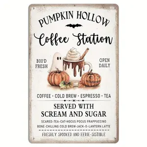 'Pumpkin Hollow Coffee' Vintage  Sign |       Retro Haunted House Decor |       8x12in Halloween Kitchen Art |       Gift for Decor Enthusiasts