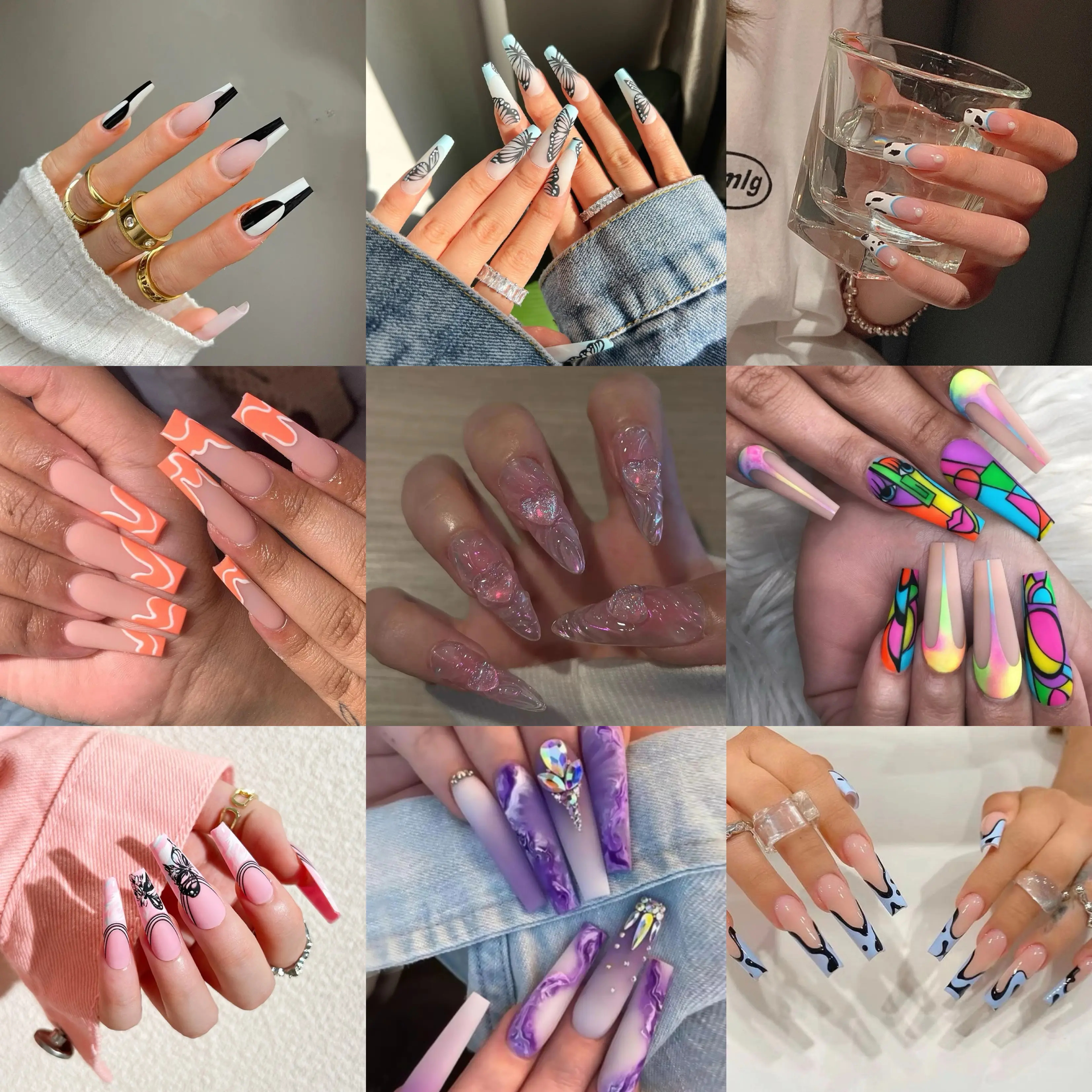 【Long Nails Collection】High-End Durable Reusable Press on Nails 24 Pcs in 12 different size Natural Nail Art with Coffin, Stiletto & Various Designs