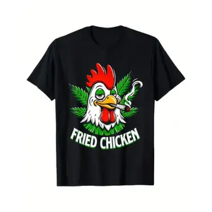 Short Sleeve T-Shirt for Men - Fried Chicken and Weed Leaf Print,  Cotton, Crew Neck, Regular Fit, Weekend Casual Wear, 180g Graphic tees