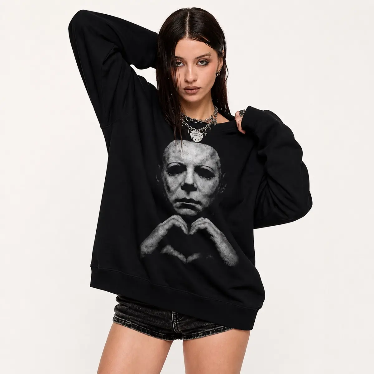 Women's Oversized Black Graphic Pullover Sweatshirt - Vintage Horror Mask Print Crewneck, Long Sleeve Casual Streetwear Top