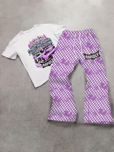 Men's White and Purple Racing Print Checkered Slightly Flared Pants Set: Relaxed and Breathable, Cool and Trendy Street Style, Perfect for Everyday Outings