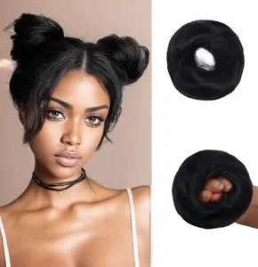 HAIR 2PCs Small Cute Messy Bun Hair Piece for Thin Hair Women Mini Synthetic Curly Bun elastic band Scrunchies Updo Hairpieces Black Chignon