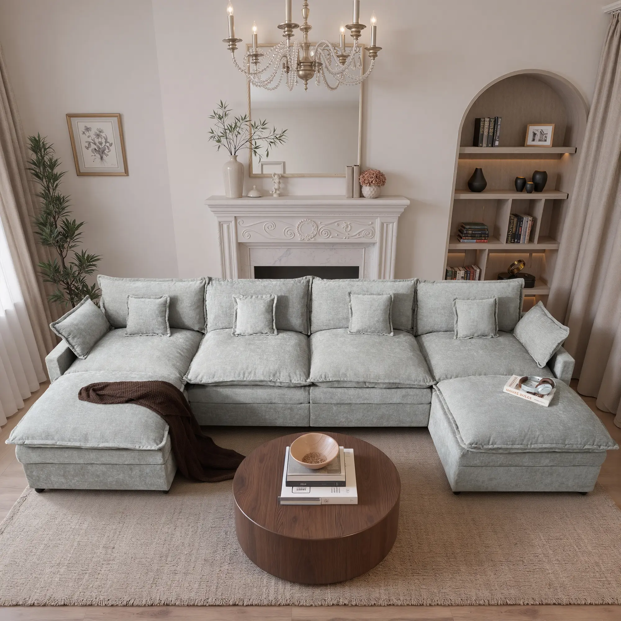 142" Grey Chenille U Shaped with 2 Ottoman