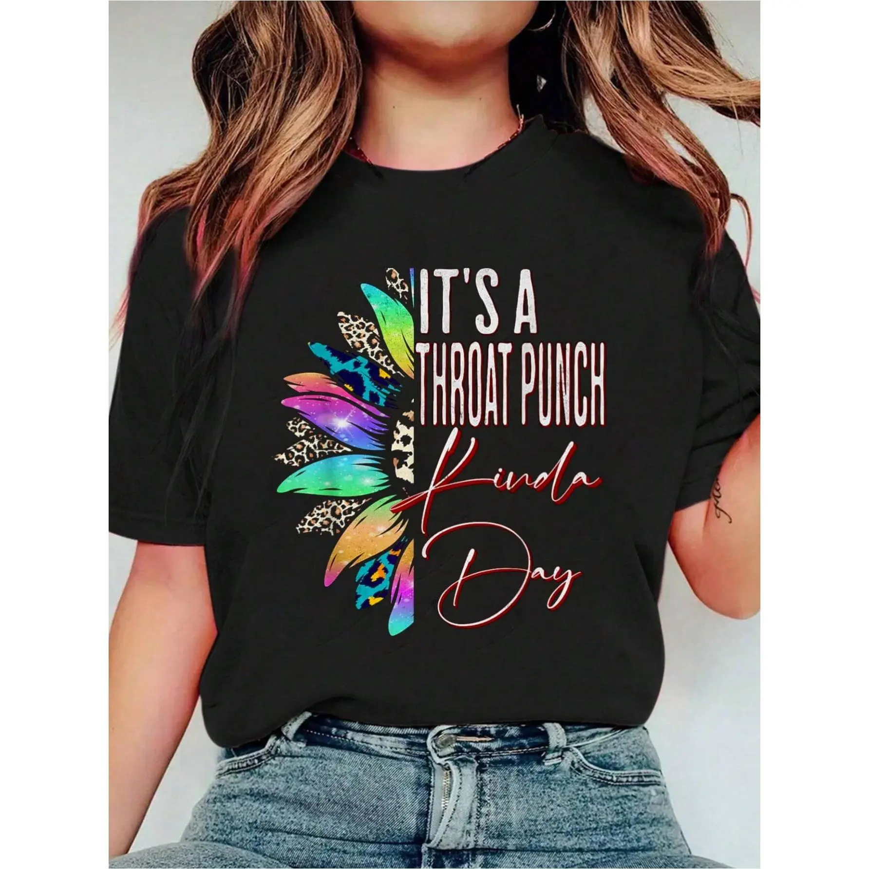 It's A Throat Punch Kinda Day Funny Quote Stylish Flowers T-Shirt Print Crew Neck Casual T-Shirt Short Sleeve Sports Top. Smart CasualStreet Style Women's Clothing graphic tees women crop tops summer outfits for women summer tops T-Shirt