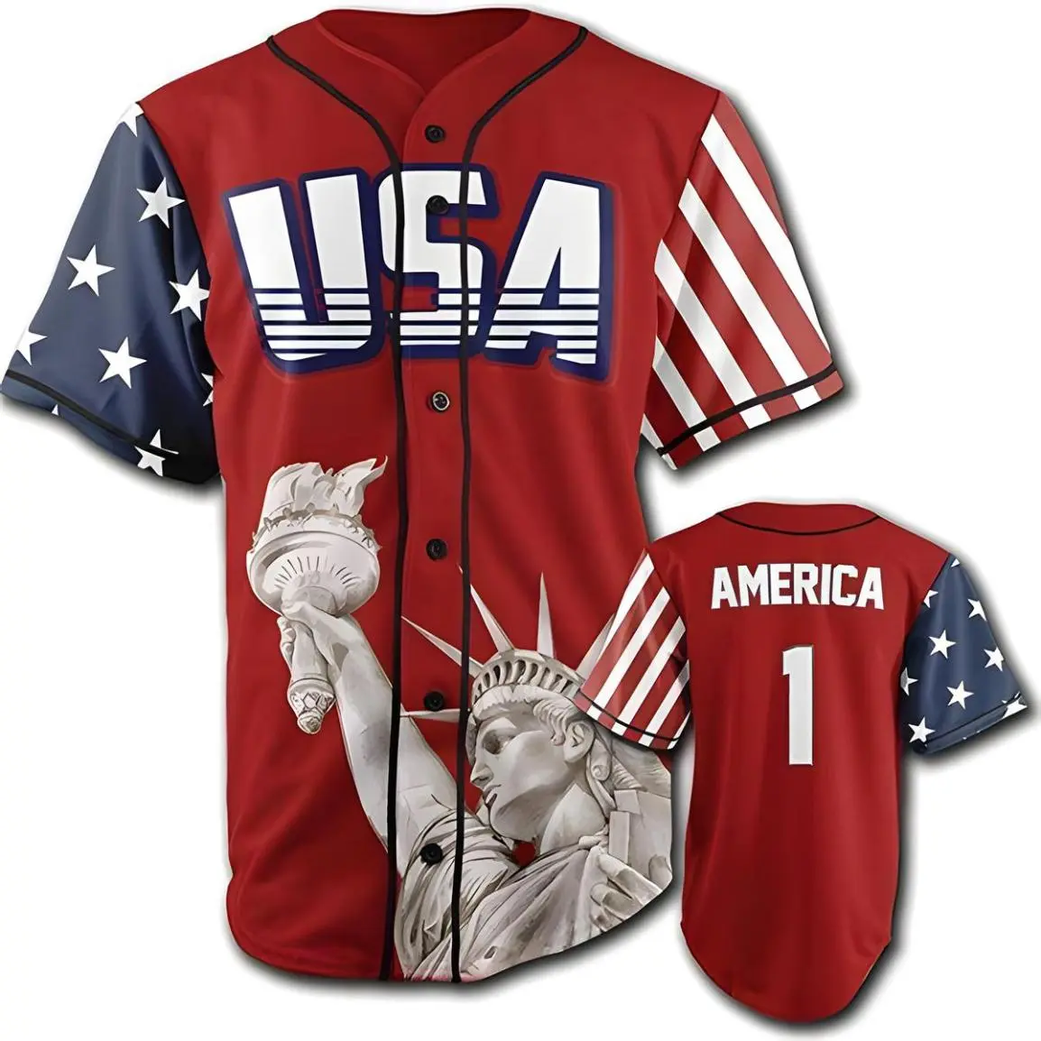 USA Patriotic Baseball Jersey with Statue of Liberty and American Flag Design in Red White Blue for Men and Women to Show America