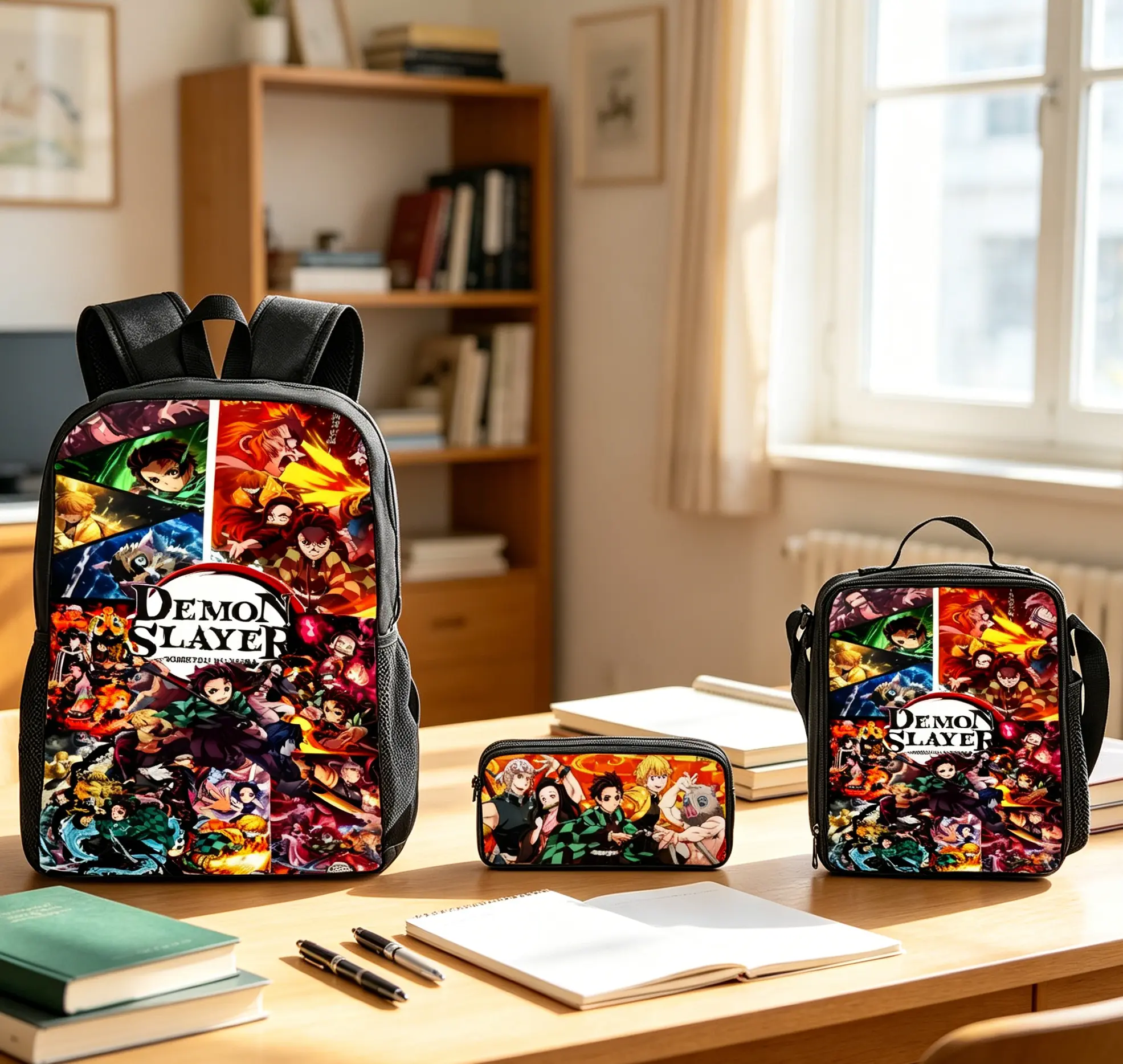 Demon Slayer Backpack Set 3pcs Anime School Backpack Pencil Case Lunch Bag Lightweight Portable Student Backpack for Fans School Outdoor Essentials