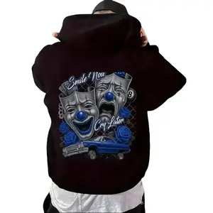 🤡 Men's Black Hoodie – Smile Now Cry Later Pattern Pullover with Clown Mask & Car Print Hooded Streetwear, All-Season Comfortable Fit, Urban Style, Strong Graphic, Fashion Enthusiast, Halloween Vibes, TikTok Viral Trend