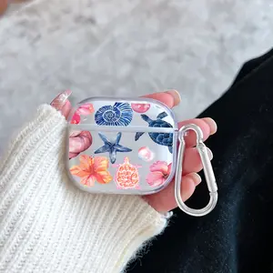 Ocean Floral Dream Pattern Protective Case for AirPods 4/3/2/1/Pro/Pro2 Soft TPU Earphone Cover, Transparent with Keychain