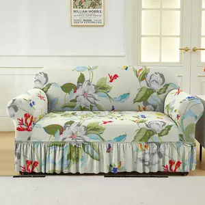 Stretchable Floral Sofa Cover with Fringe Skirt, Fits 1-3 Seater Armchair, Nylon/polyester Blend, All Seasons, Elastic Washable Sofa Slipcover