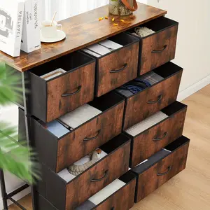 Dresser, Tall Dresser for Bedroom, Drawer Dresser Organizer Storage Drawers with 9 Drawers, Chest of Drawers with Fabric Bin, Steel Frame, Wood Top for Bedroom, Closet
