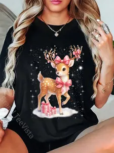 100% Cotton Unisex Cute Rudolph Pink Coquette Pajamas Christmas Xmas Girl Women T-Shirt