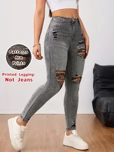 Fashion Printed Leggings Non-Denim Fabric, Tight-Fitting Pants with Fake Pockets and Buttons, Ideal for Daily Wear and Sports, Sports Stretchy Leggings
