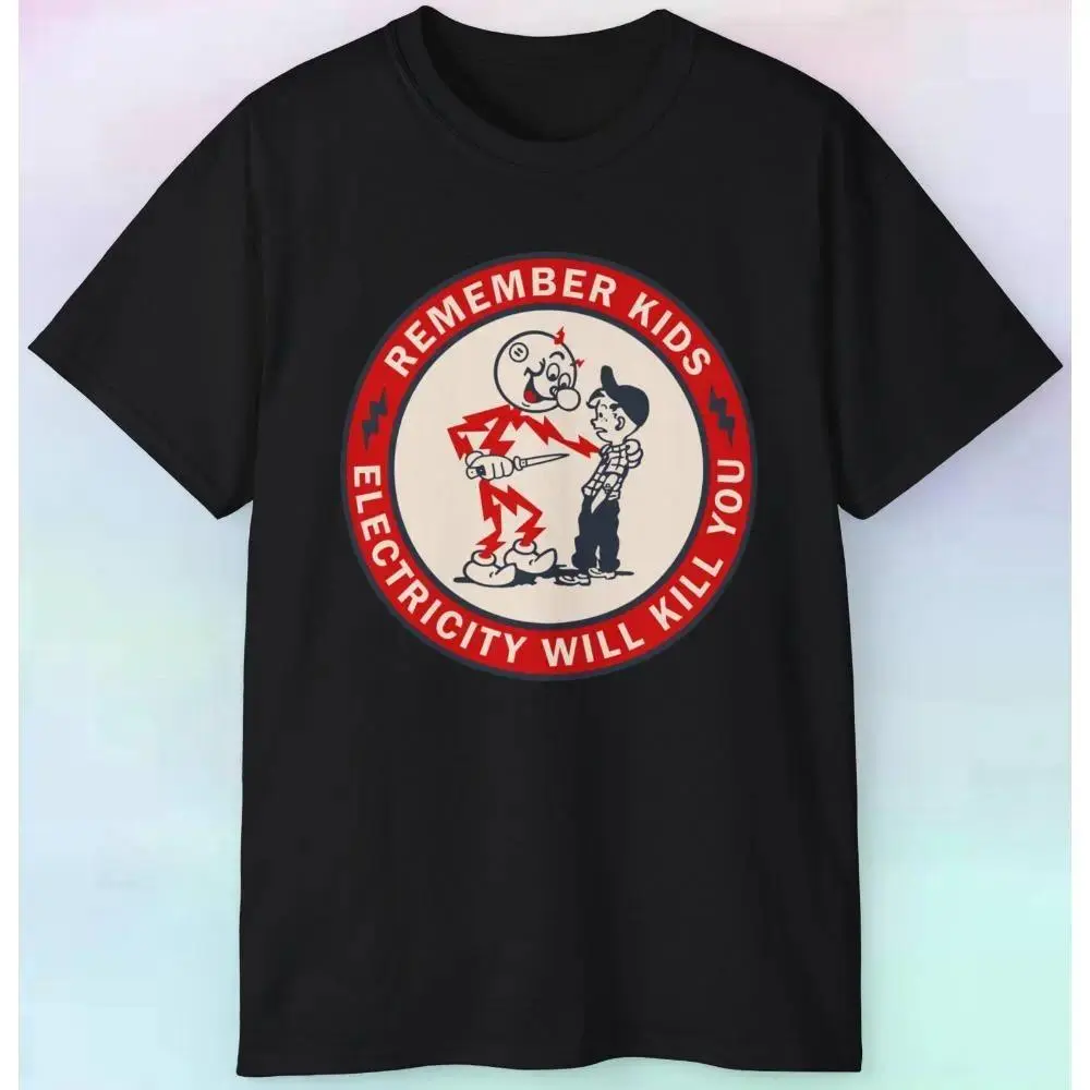 Men's Vintage Electric Safety Warning Graphic Cotton T-Shirt, Retro Reddy kW Style, Humorous Quote, Casual Black Short-Sleeve Crew Neck Top with Unique Edison Character (Sports & Outdoor Wear)