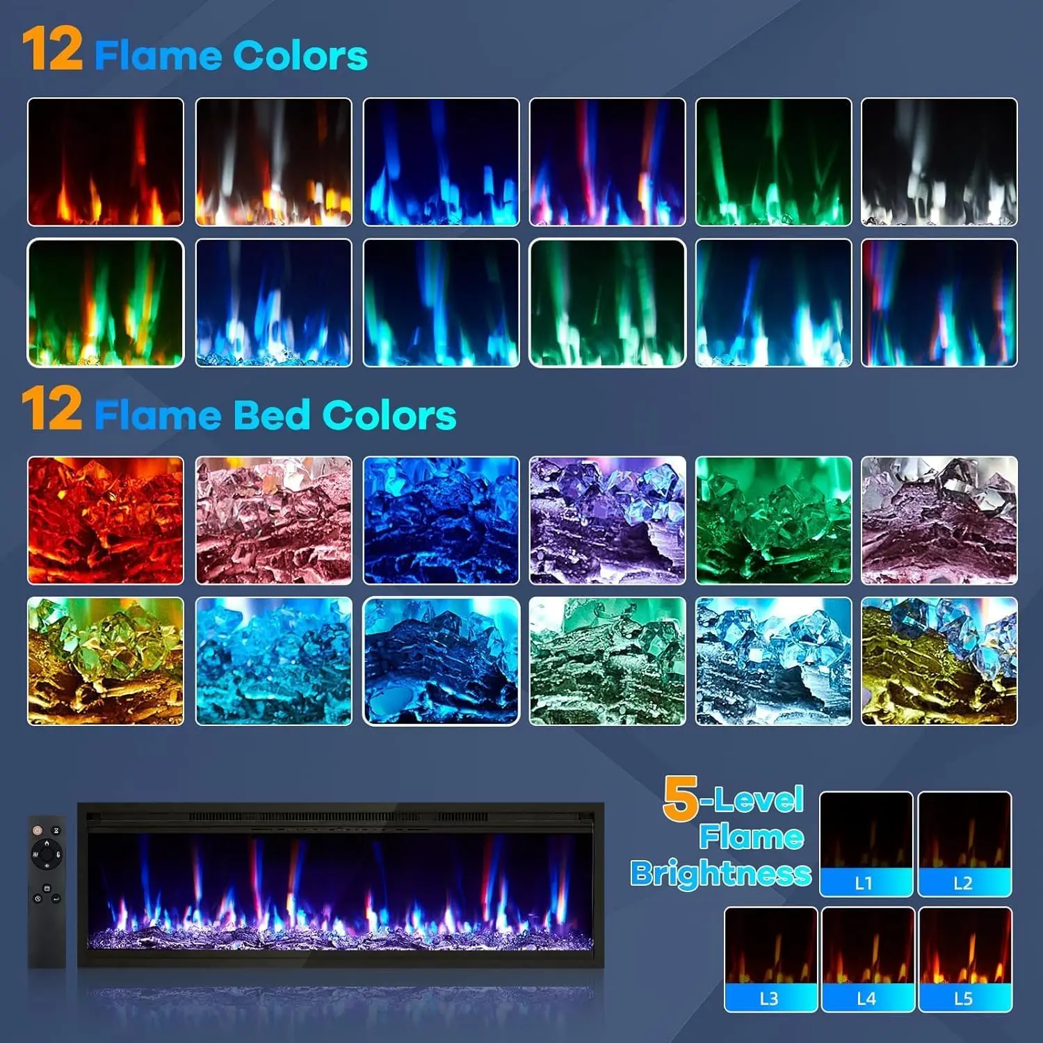 【Christmas Gift】60" Electric Fireplace - Wall Mounted & Recessed 4.2" Ultra-Thin Linear Fireplace with Remote Control and Timer, 750W/1500W Efficient Heating, 12-Color Flames, Includes Log and Crystal Decor