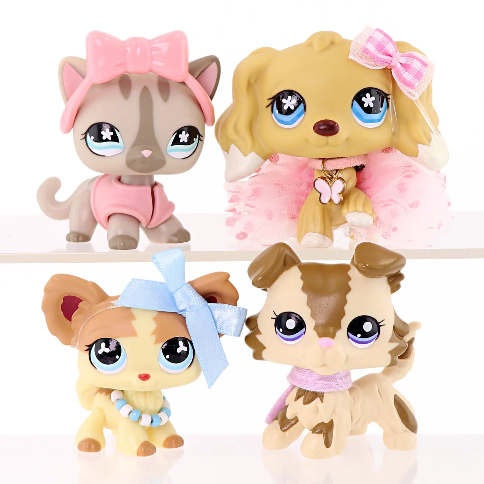4 Pcs Mini Pet Figurines Set, Striped Cat, Spaniel Dog, Fluffy Kitten & Collie Puppy Figures with Bow Headband, Tutu Skirt, Butterfly Pendant, Bead Necklace & Knit Scarf Accessories,  Mini Doll Gift for Kids Girls Birthday Party Favor