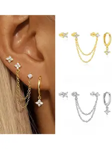 3-Piece Women's Four-Leaf Clover Stud Earrings Set, 14k, Casual Style, All Seasons, Stainless Steel Chain, No Choking Hazard, Earring Stacking Set, Earring Studs