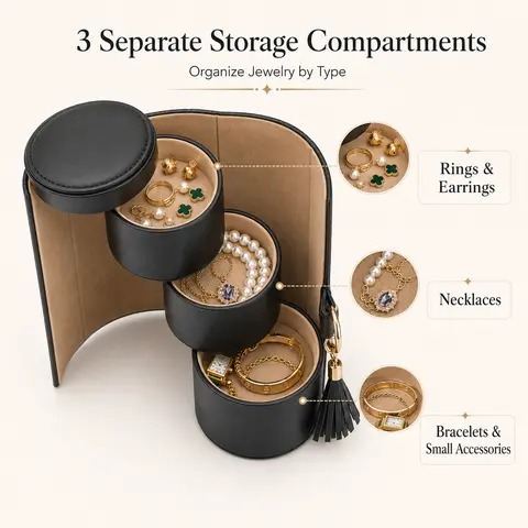 Classic Convertible Rotating PU Leather Jewelry Storage Roll - 3-Layer Accessory Holder, Dust-Free Organizer with Compartments, Acrylic Stackable Containers, Bedroom Drawer-Fit for Weekend Trips, Carry-On Use (Ideal for Jewelry Organization)