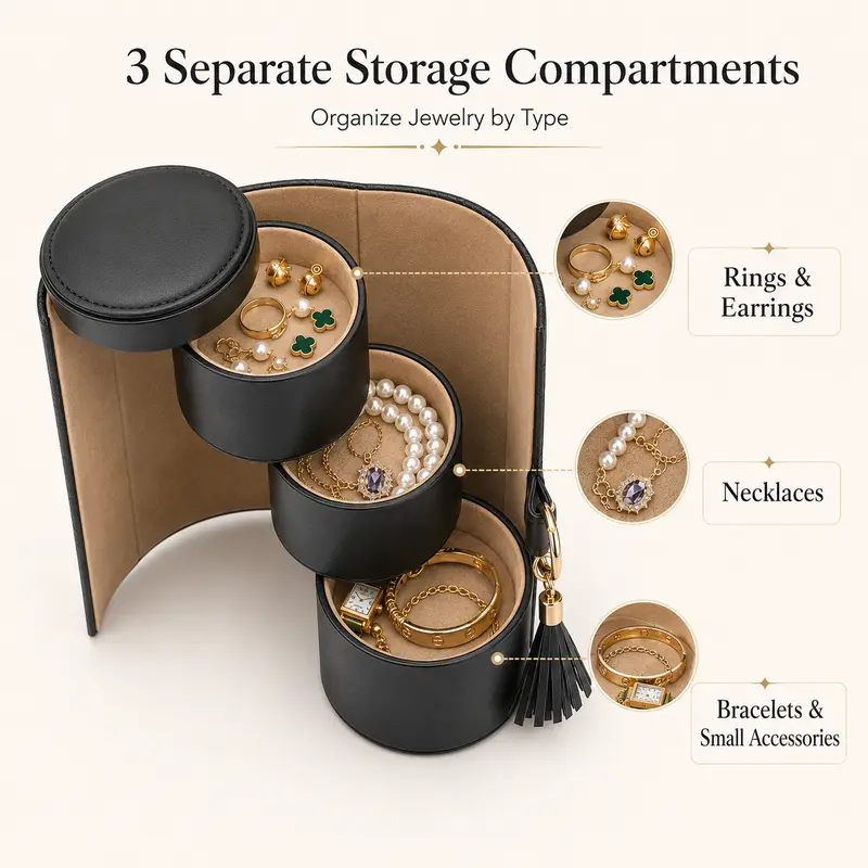 Classic Convertible Rotating PU Leather Jewelry Storage Roll - 3-Layer Accessory Holder, Dust-Free Organizer with Compartments, Acrylic Stackable Containers, Bedroom Drawer-Fit for Weekend Trips, Carry-On Use (Ideal for Jewelry Organization)