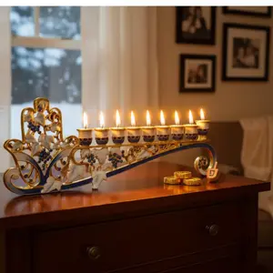 Sapphire Leaf Hanukkah Menorah Candle Holder, Enamel Inlay + Gilded Design + 3D Relief + Hand-Painted, Perfect for Home Altar & Holiday Gatherings