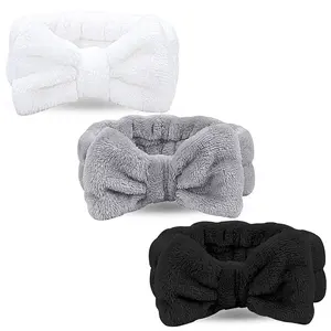 Spa Headband - 3 Pack Bow Hair Band Women Facial Makeup Head Band Soft Coral Fleece Head Wraps for Shower Washing Face (Black+Gray+White)