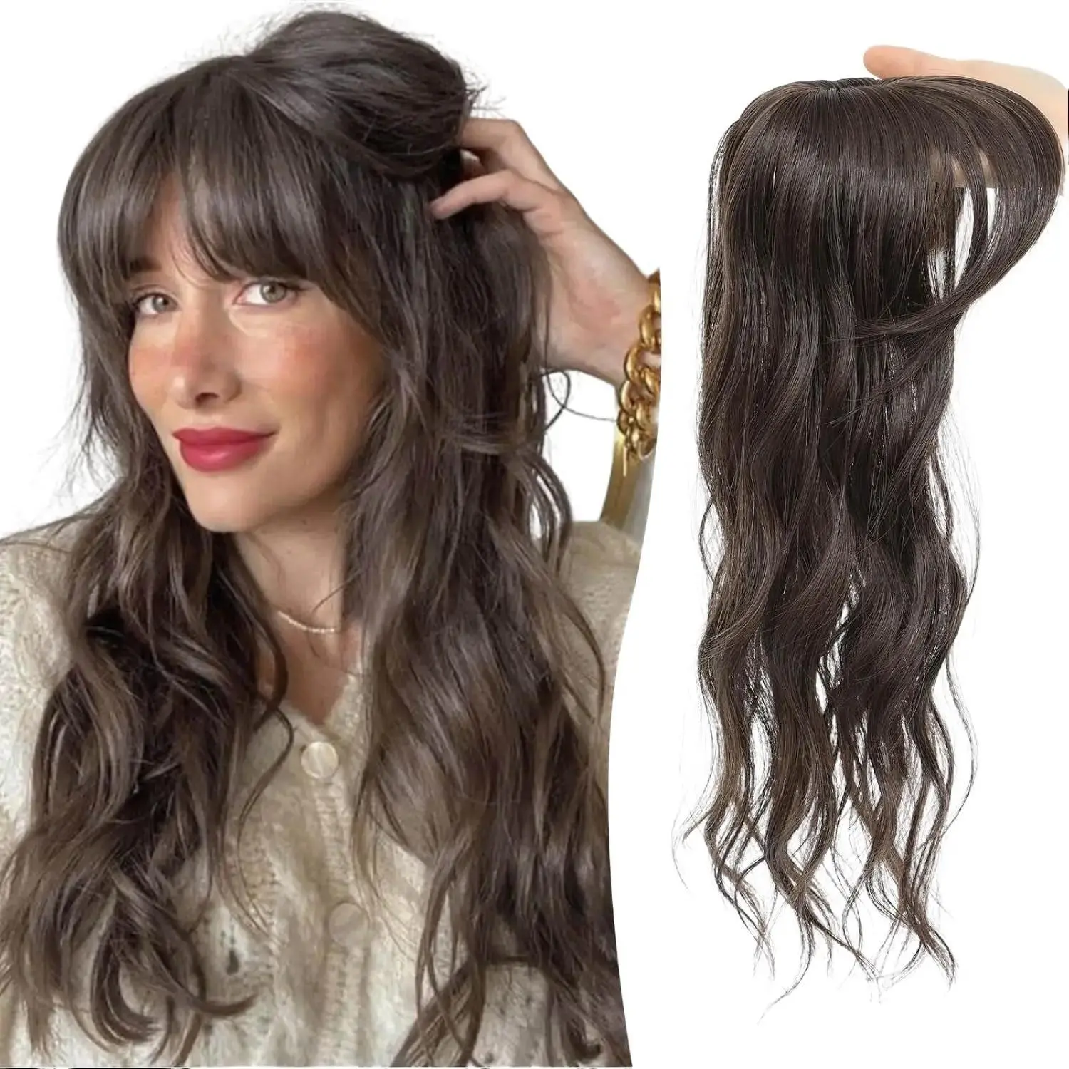 Hair Toppers for Women Synthetic Hair, Seamless Synthetic Hair Toppers with Bangs, 360° 3D Cover Clip in Bangs Hair Extensions for Daily Wear
