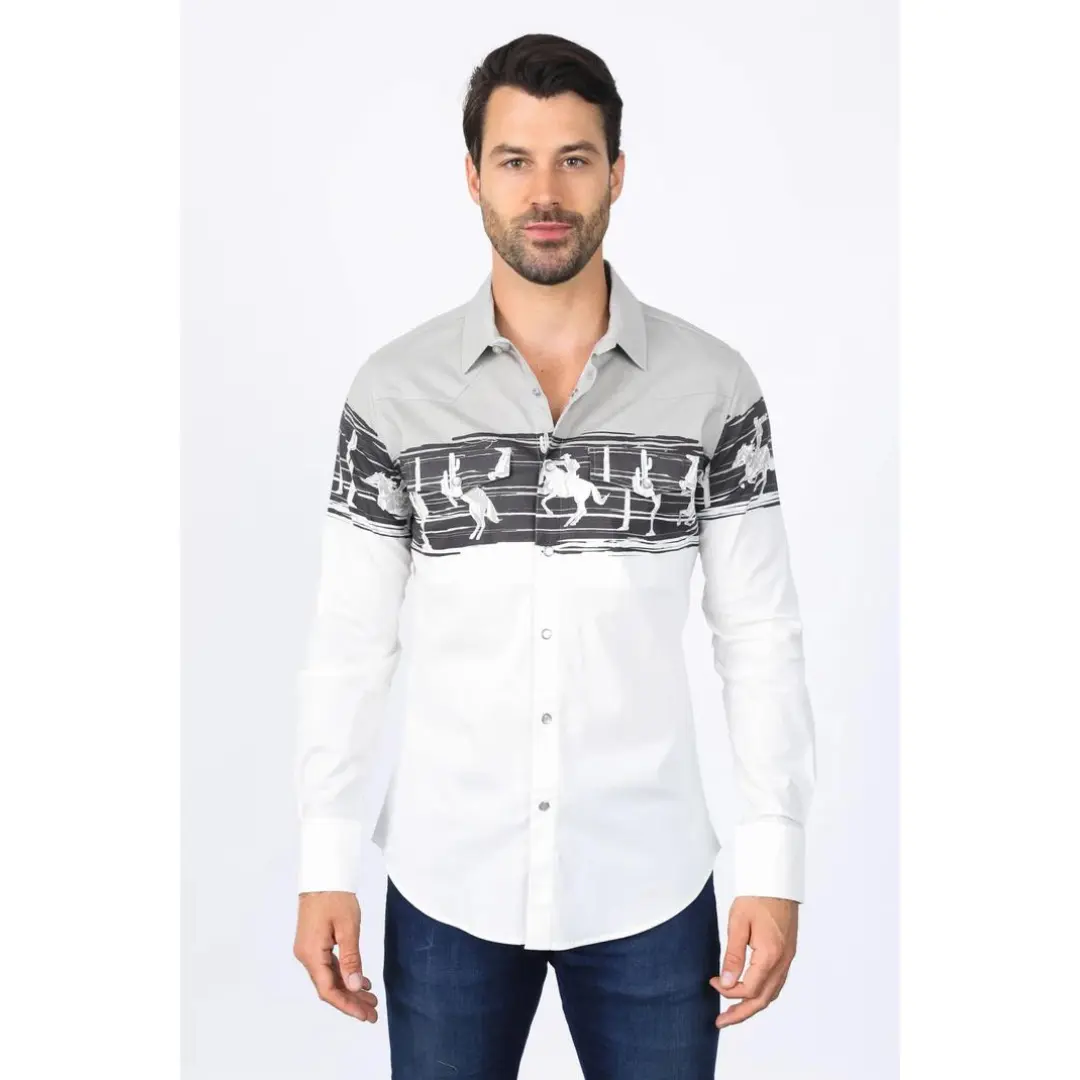 Platini Men's Modern Fit Cotton Stretch Rodeo Panoramic Shirt - Grey