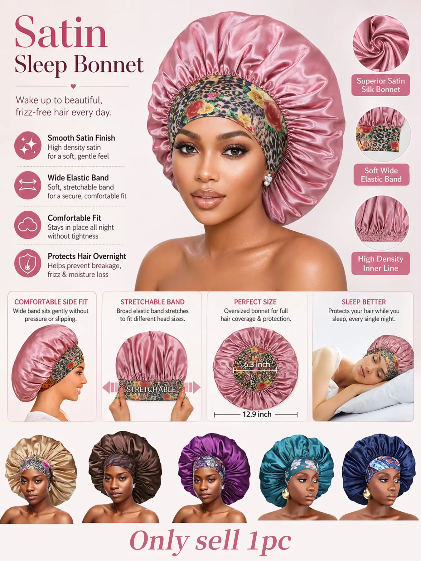 Extra Large Satin Hair Bonnet for Sleeping, Sleep Bonnet with Flower Band for Women Large Soft Band Sleep Cap, Hair Care Cap for Braids Curly Hair, Silky Satin Retain Hair Moisture, suitable for sleeping, doing housework