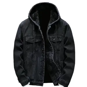 Mens Fleece Lined Denim Hoodie Jacket - Winter Warm Cowboy Jean Jacket, Casual Button Down Style, Thicken Trucker Coats - Sweatshirts, Menswear Tops Long Sleeve Beige Tights  Plain leather jacket business casual tops Blue western outfit lentes para hombre