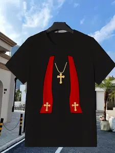Red Clerical Robe with Golden Cross And Necklace for Religious Ceremonies Holiday Shoppers Streetwear Fashion Cartoon Print Breathable Material Round Neck Top Holiday Shoppers