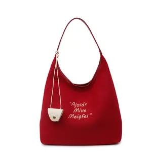 Women's Bright Red Stylish Canvas Tote Bag - Bold Letter Print, Decorative Accent Charm Vintage Monogram Hobo Shoulder Retro Chain Crossbody