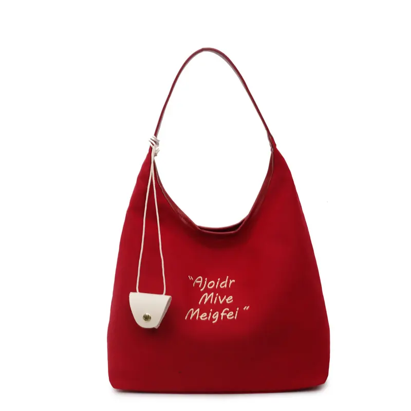 Women's Bright Red Stylish Canvas Tote Bag - Bold Letter Print, Decorative Accent Charm, Vintage Monogram, Retro Chain Hobo Shoulder Crossbody Bag