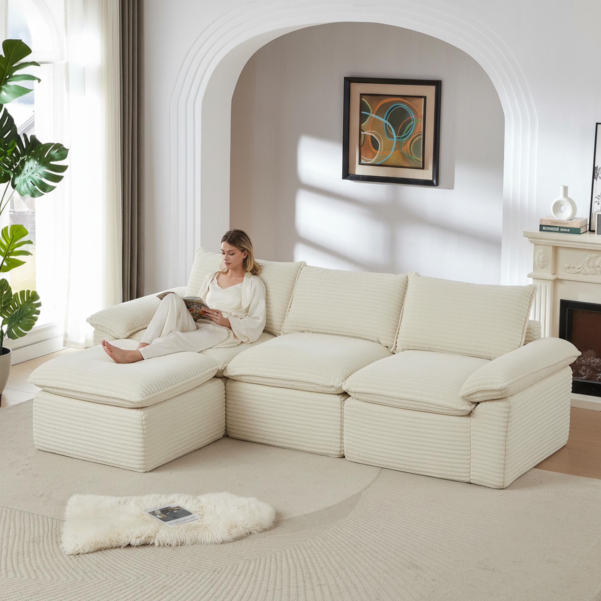 【Ships in 3 Packages】 U-shaped corner sofa with footstool, frameless corner sofa, X-shaped sofa, extra-large modular sofa, deep-seat sofa suitable for large living rooms, convenient and comfortable.