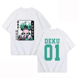 White Double Sided Green Hair Hero Boy T‑Shirt, Japanese Anime Number 01 Varsity Graphic Tee, Oversized Streetwear Casual Short Sleeve Top for Men Women Teens