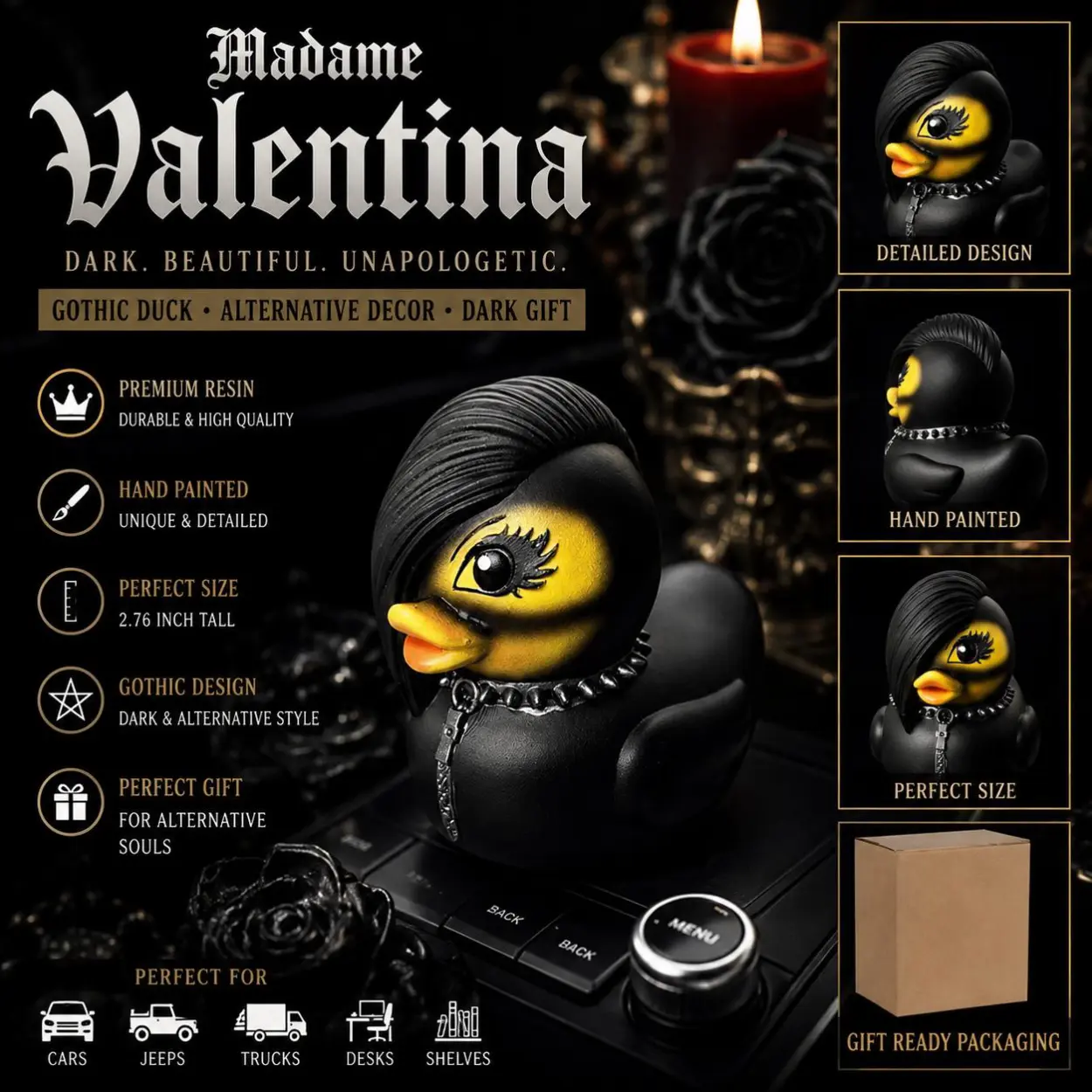 Large Resin -Madame Valentina Gothic Resin Duck – Hand-Painted Alternative Emo Decor Collectible