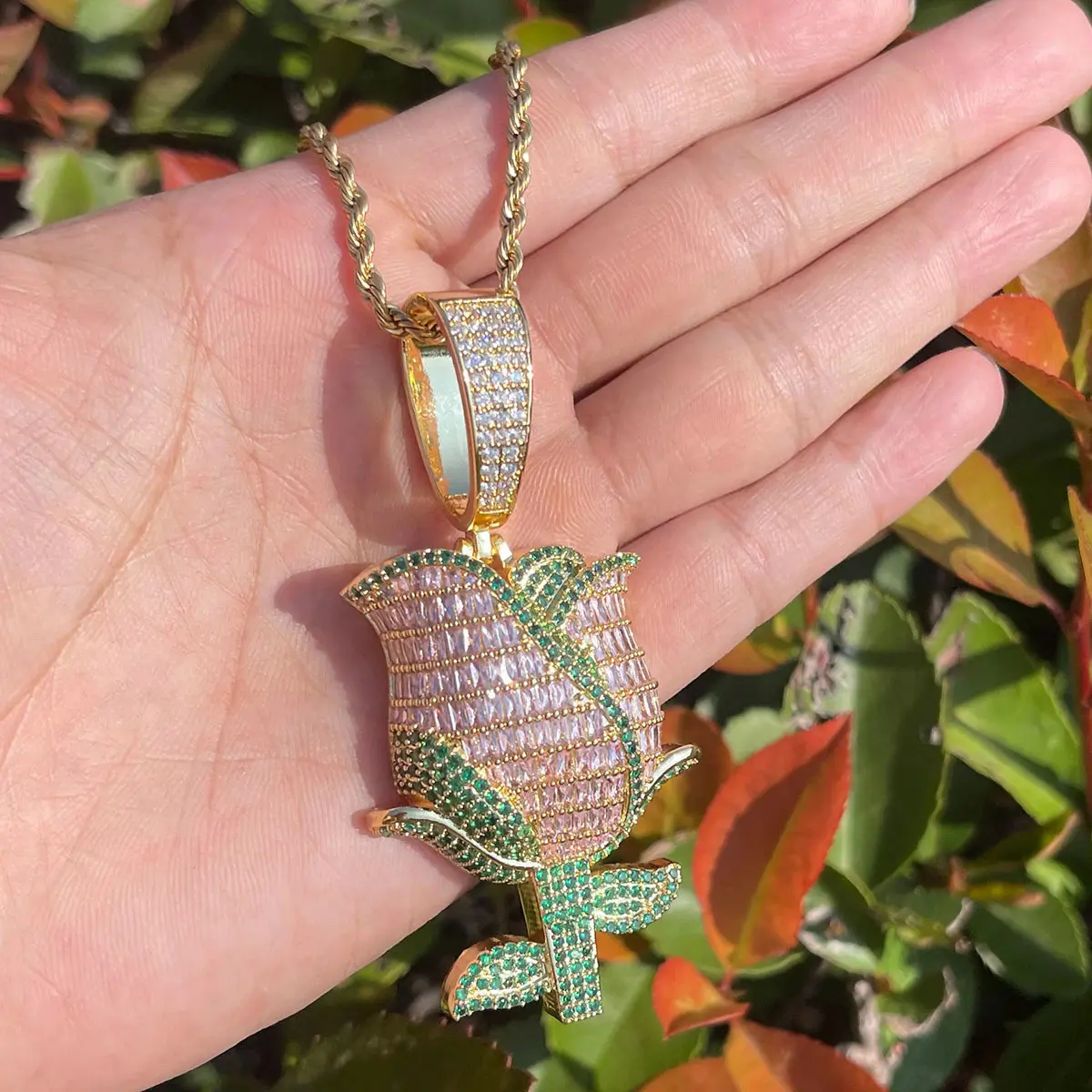 Colored Stone Rose Pendant Blinged Out Iced Out Statement Charm for Hip Hop Streetwear Vibe with Sparkling Details