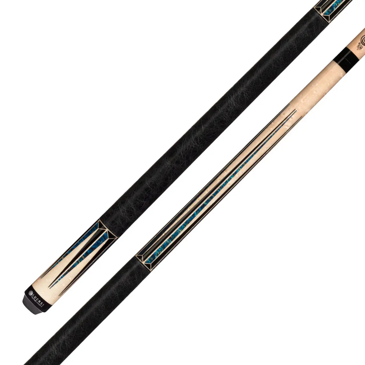 Lucasi Billiards Cue Natural Birdseye Zero Flex Shaft, 19oz Pool Cue for Billiards Play, Featuring 11.75mm Slim Solid Core with Everest Tip, 6 Black & Teal Split Points, Genuine Black Leather Wrap