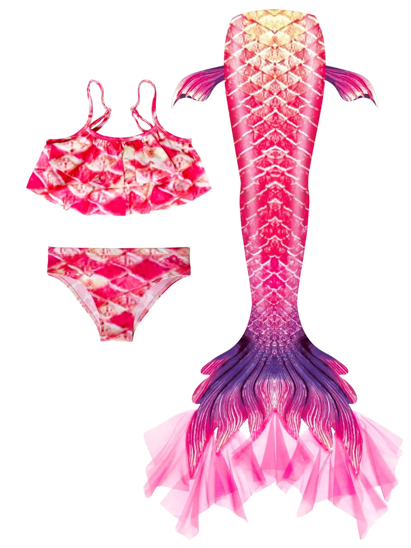 Girls Mermaid Swimsuit Mermaid Tail Beach Party Birthday Gift, Bikini Set Includes 1 Tail, 1 Top, 1 Shorts, Flippers Not Included.