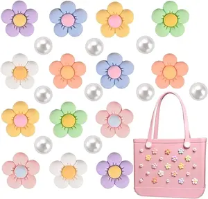 Flower Charms for Beach Bag,Flowers and Pearls Decoration Charms Compatible with Beach Bag All Models, Insert Decorative for  Pearl Decoration Handbag Beach Tote Bag(24Pcs)