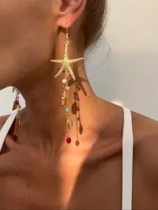 Bohemian Style Ocean Element Metal Starfish Shell Pendant Earrings, Irregular Crystal Bead Fringe Earrings for Women Daily and Vacation Wear