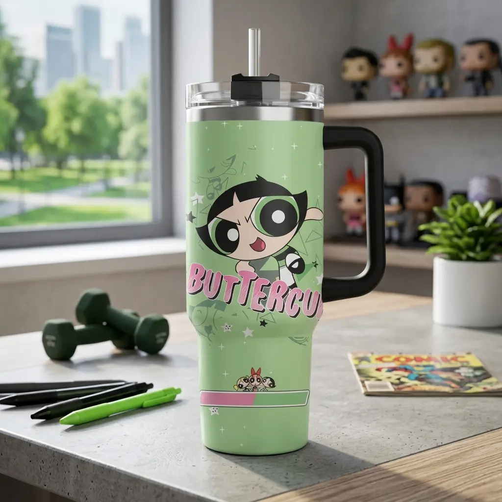 Powerpuff Girls Buttercup 40oz Stainless Steel Tumbler, Buttercup Tough Girl Powerpuff Girls Design, Perfect Gift for 90s Cartoon Lover