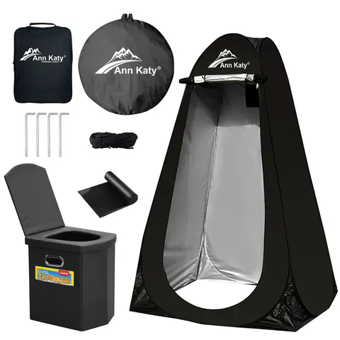 Annkaty Large XL Foldable Portable Travel Toilet with Pop-Up Privacy Tent, Camping Accessories - 190t Polyester Fabric Tear-Resistant Outdoor Camping Gear, Emergency Changing/Shower Room Kit with Large Organized Carry Bag for Adults
