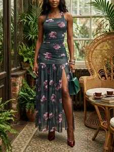 Women's Boho Long Dress, Sleeveless All-Over Print Floral, High Split Beach Dress, Summer Mesh Dress, Waist Cinch, Chic Vacation Style