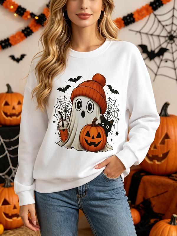 Women's Plus Size Cotton Knit Crew Neck Long Sleeve Casual Everyday Garment - Lightweight Loose-Fit Ghost Graphic Sweatshirt, Cozy Fall Pullover with Black Cat Pumpkin Beanie